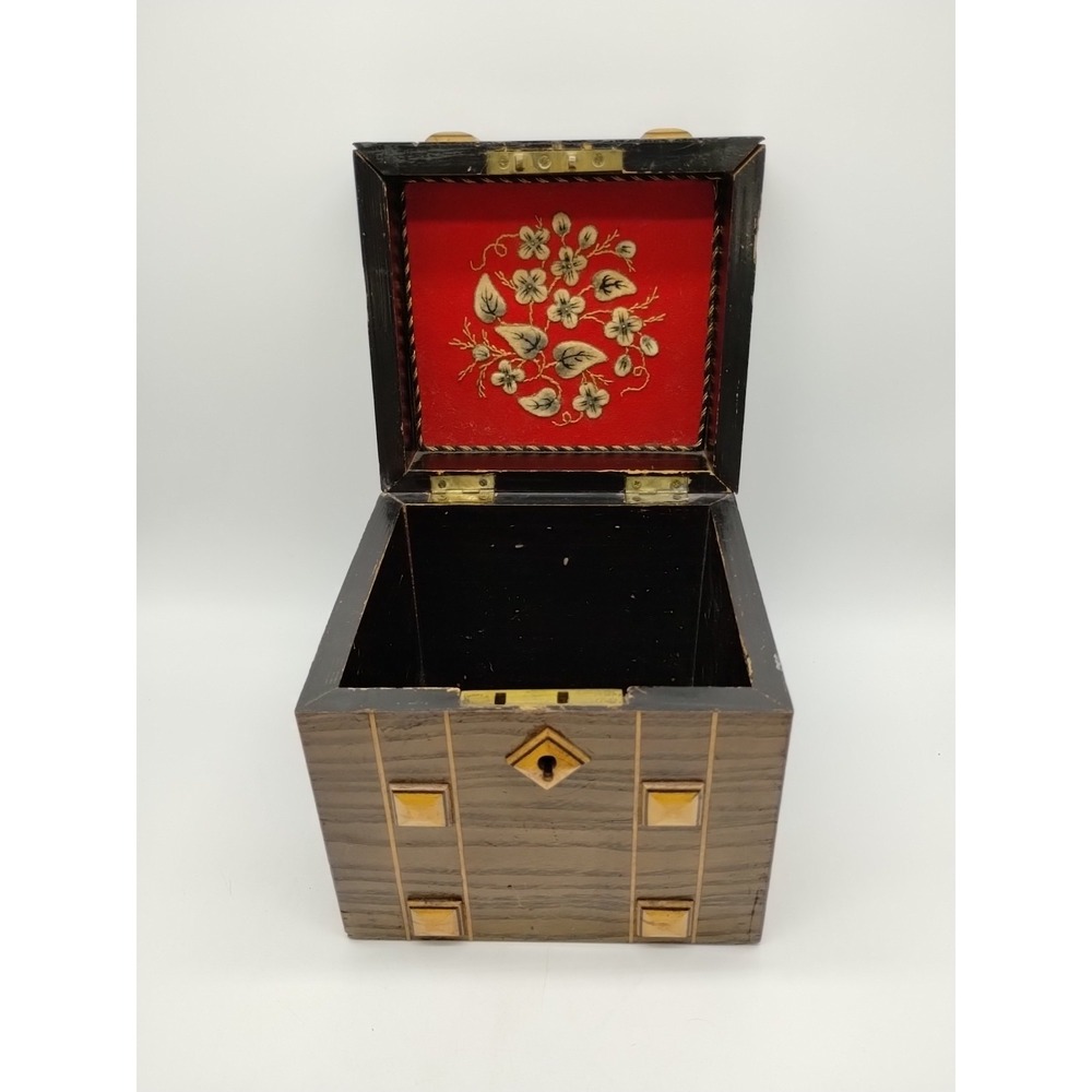 Victorian English Tea Caddy/ Jewelry Casket Box Wood Brass Studs Inlay c1870